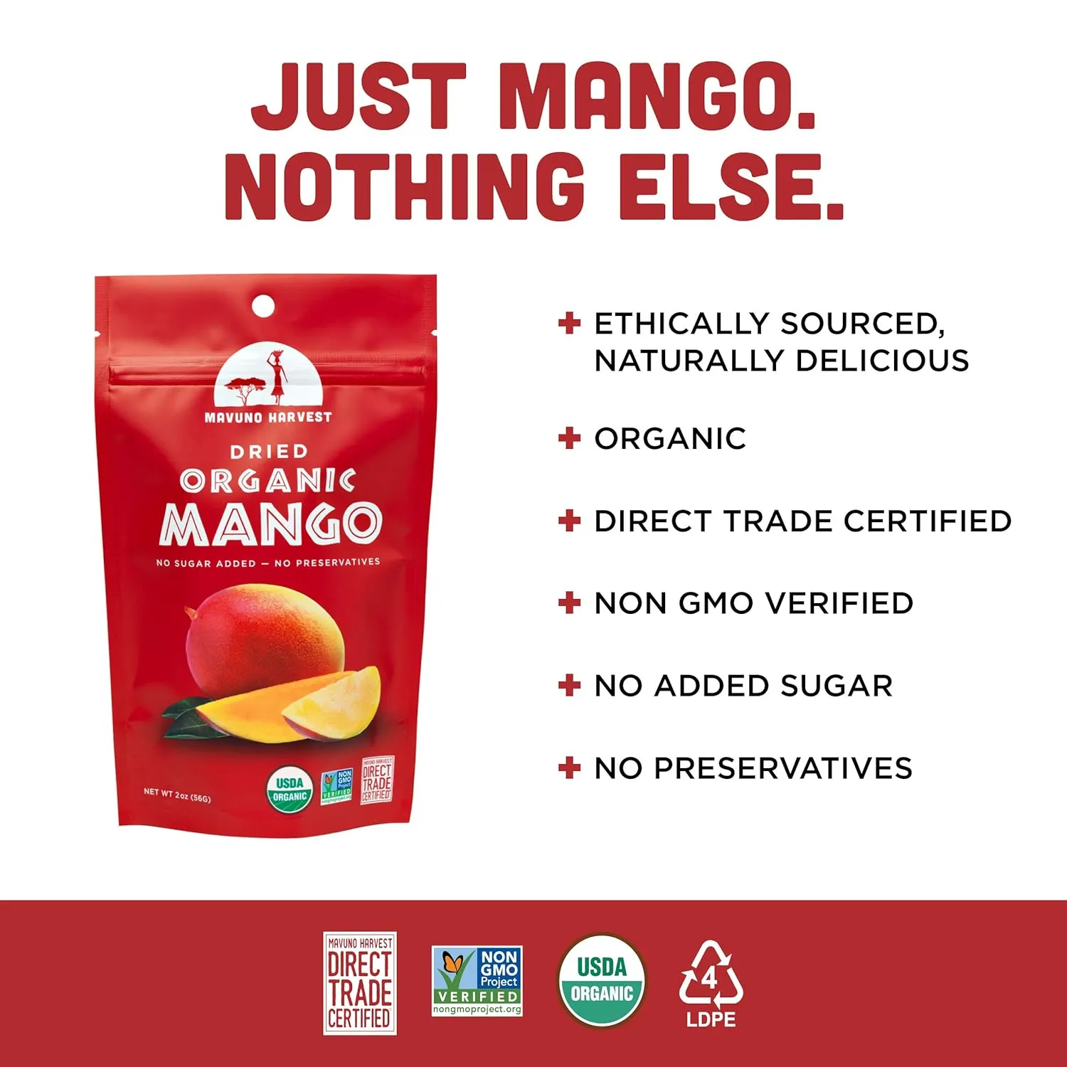 Mavuno Harvest Mango Dried Fruit Snacks | Unsweetened Organic Dried Mango Slices | Gluten Free Healthy Snacks for Kids and Adults | Vegan, Non GMO, Direct Trade | 1 Pound Resealable Bag