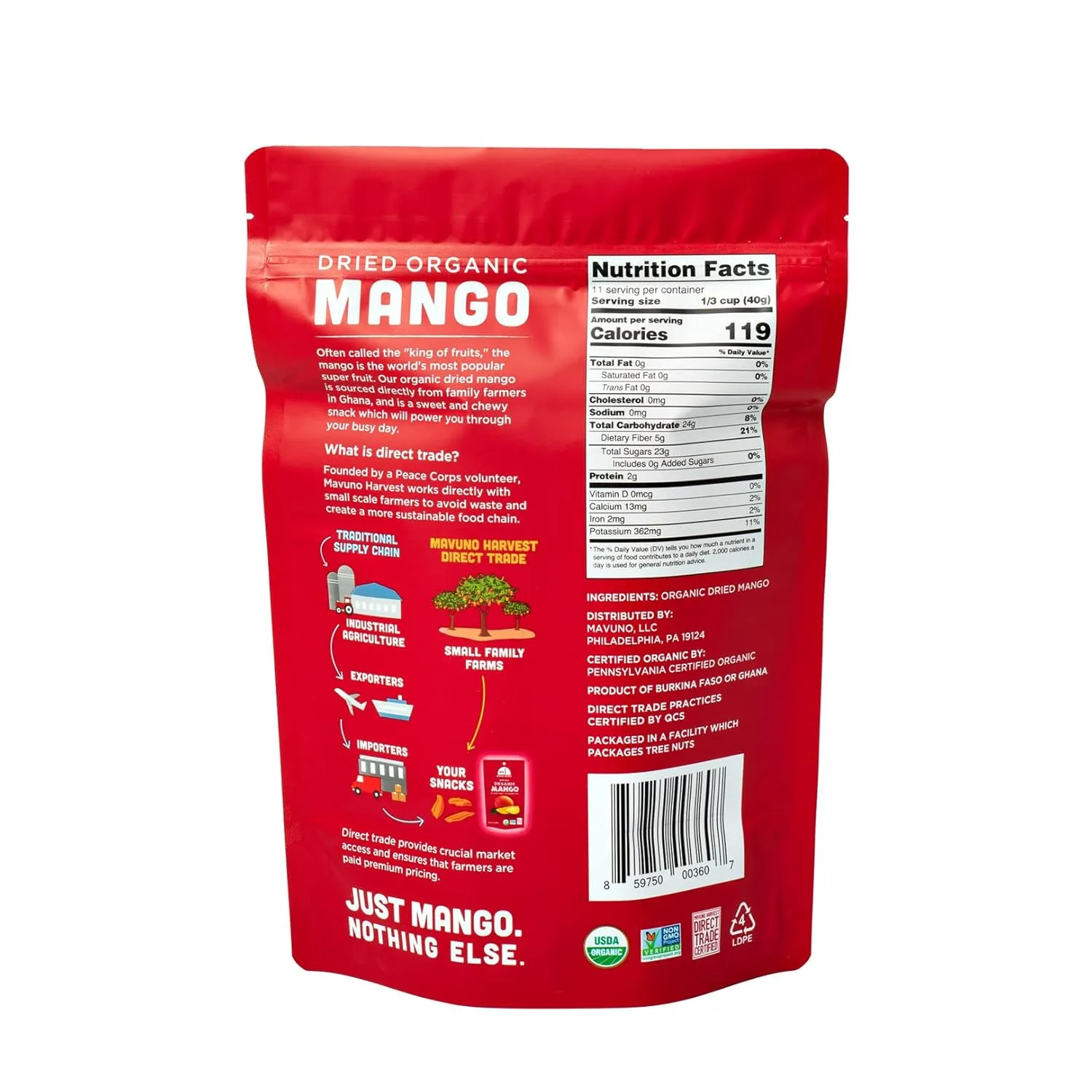 Mavuno Harvest Mango Dried Fruit Snacks | Unsweetened Organic Dried Mango Slices | Gluten Free Healthy Snacks for Kids and Adults | Vegan, Non GMO, Direct Trade | 1 Pound Resealable Bag