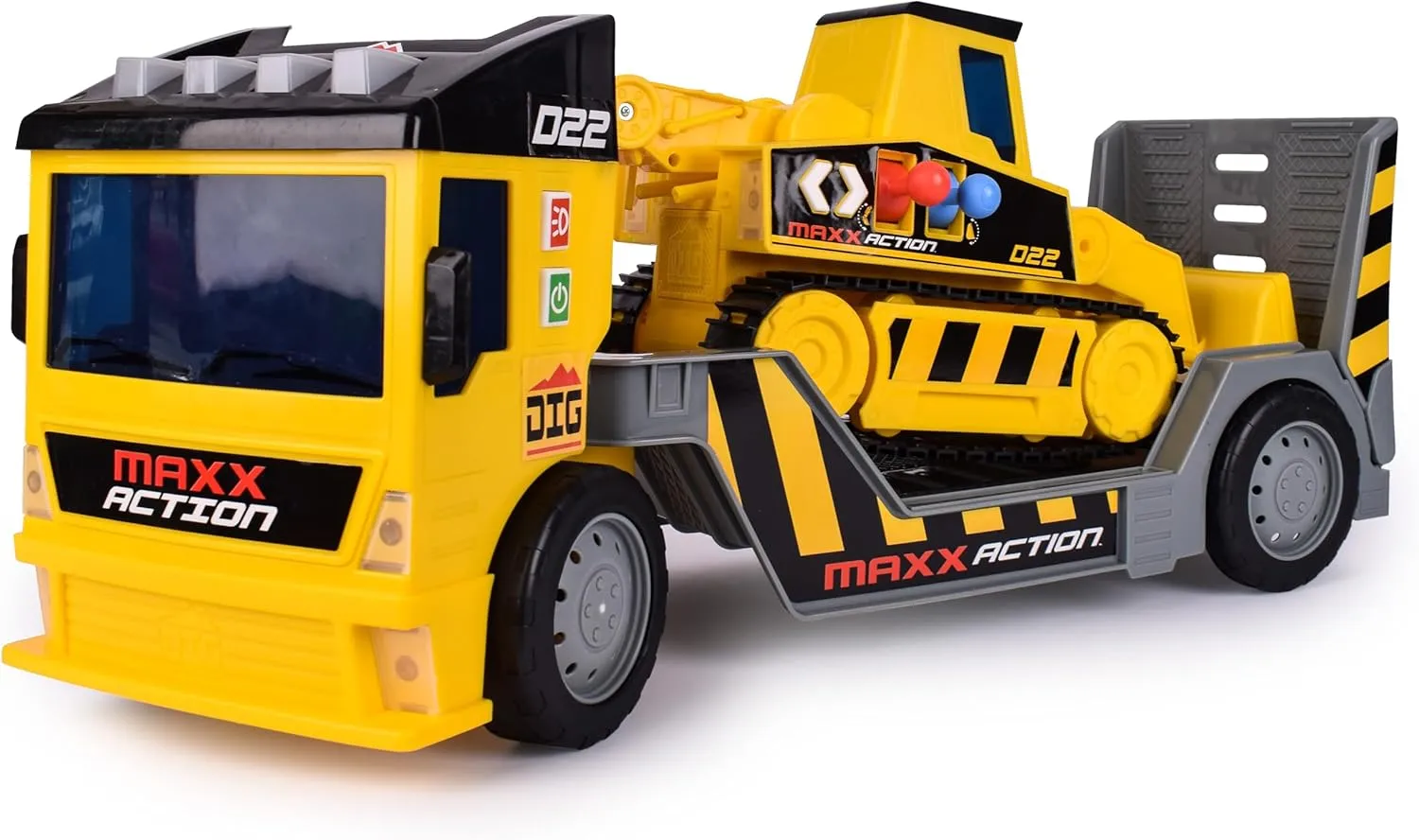 Maxx Action Sunny Days Entertainment 2-N-1 Mega Mover – Construction Truck and Trailer with Lights, Sounds and Motorized Drive, Yellow, Large