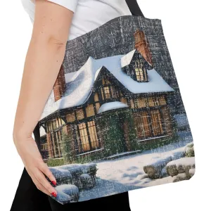 Medium Tote Bag with Cozy Cabin in Snowy Winter Woods