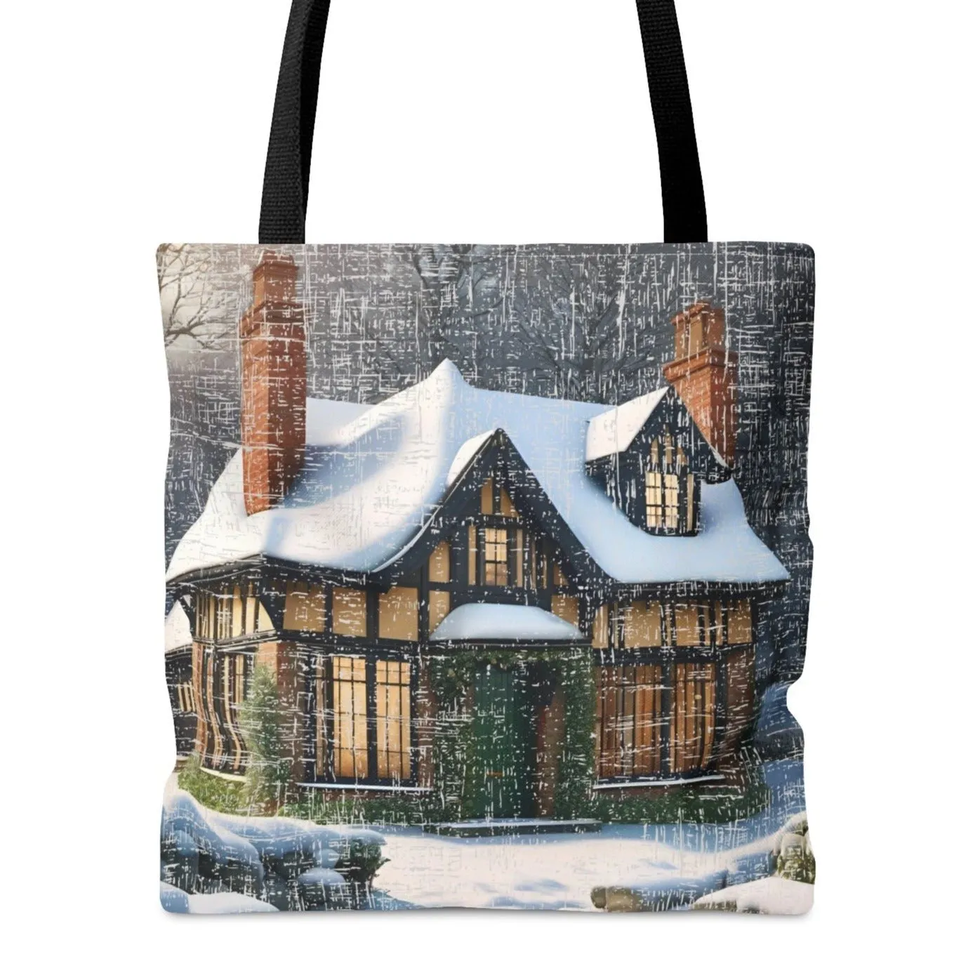 Medium Tote Bag with Cozy Cabin in Snowy Winter Woods