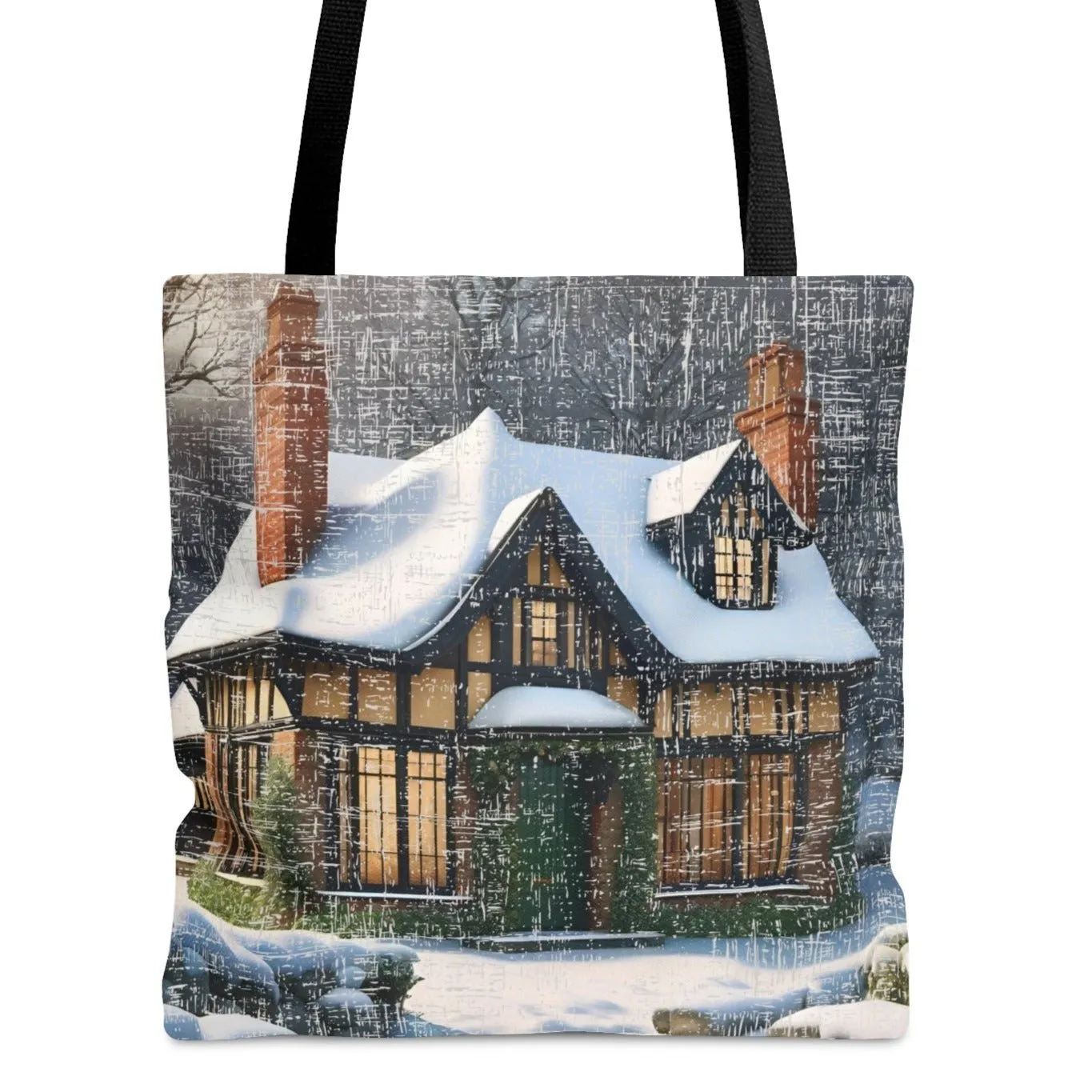Medium Tote Bag with Cozy Cabin in Snowy Winter Woods