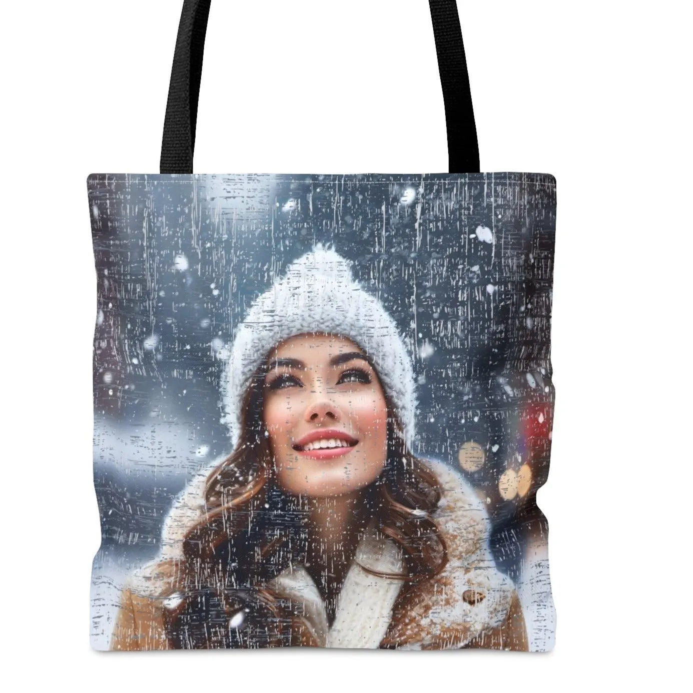 Medium Tote Bag with Woman in Toboggan Admiring Falling Snow