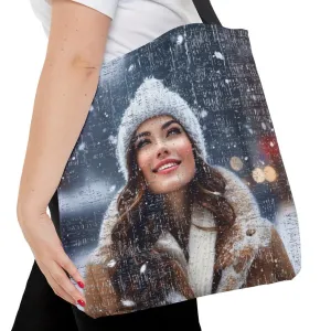 Medium Tote Bag with Woman in Toboggan Admiring Falling Snow
