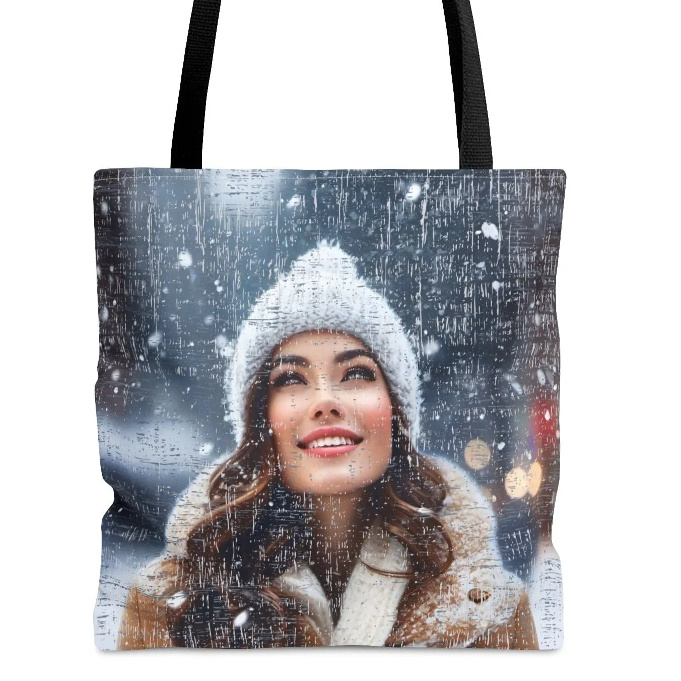 Medium Tote Bag with Woman in Toboggan Admiring Falling Snow