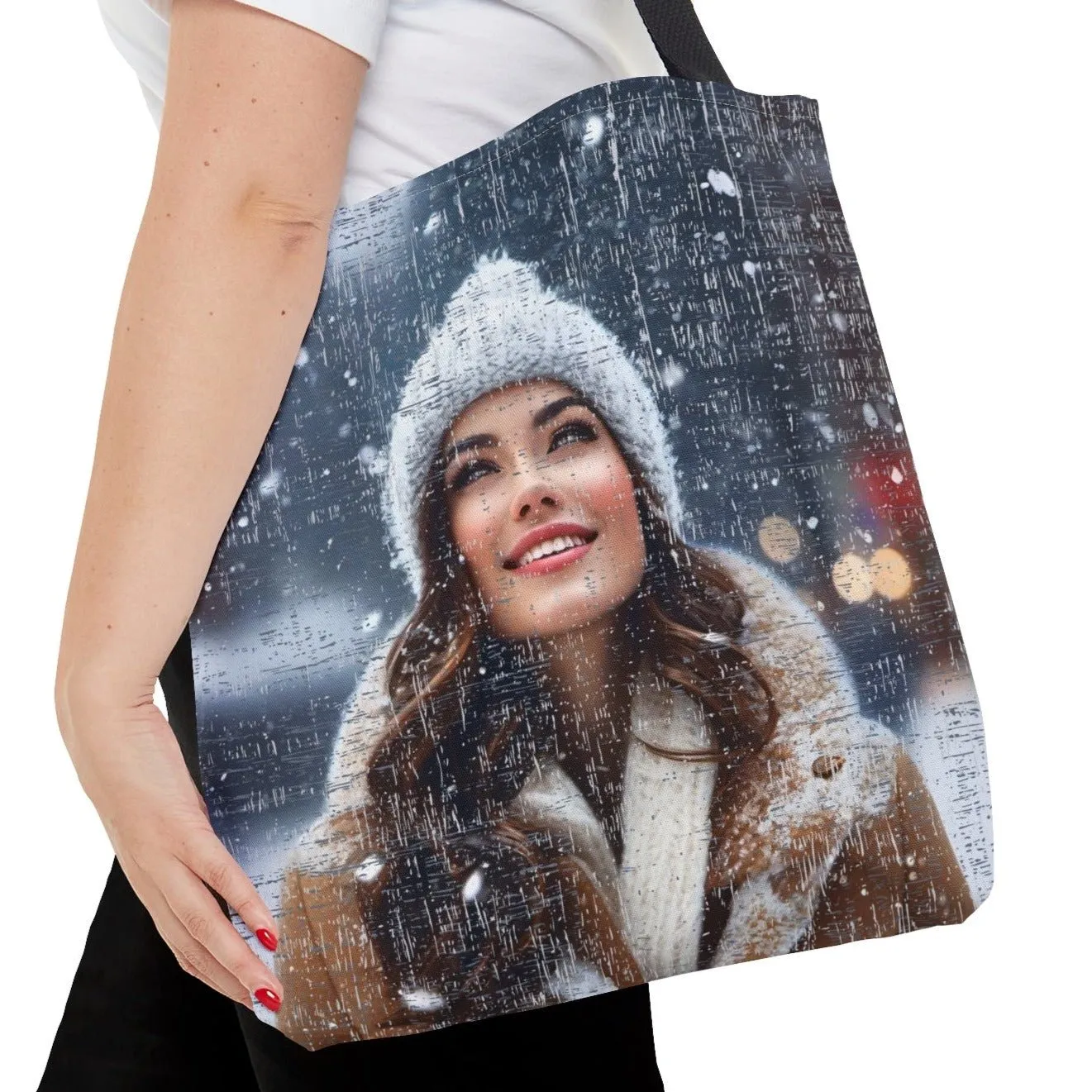 Medium Tote Bag with Woman in Toboggan Admiring Falling Snow
