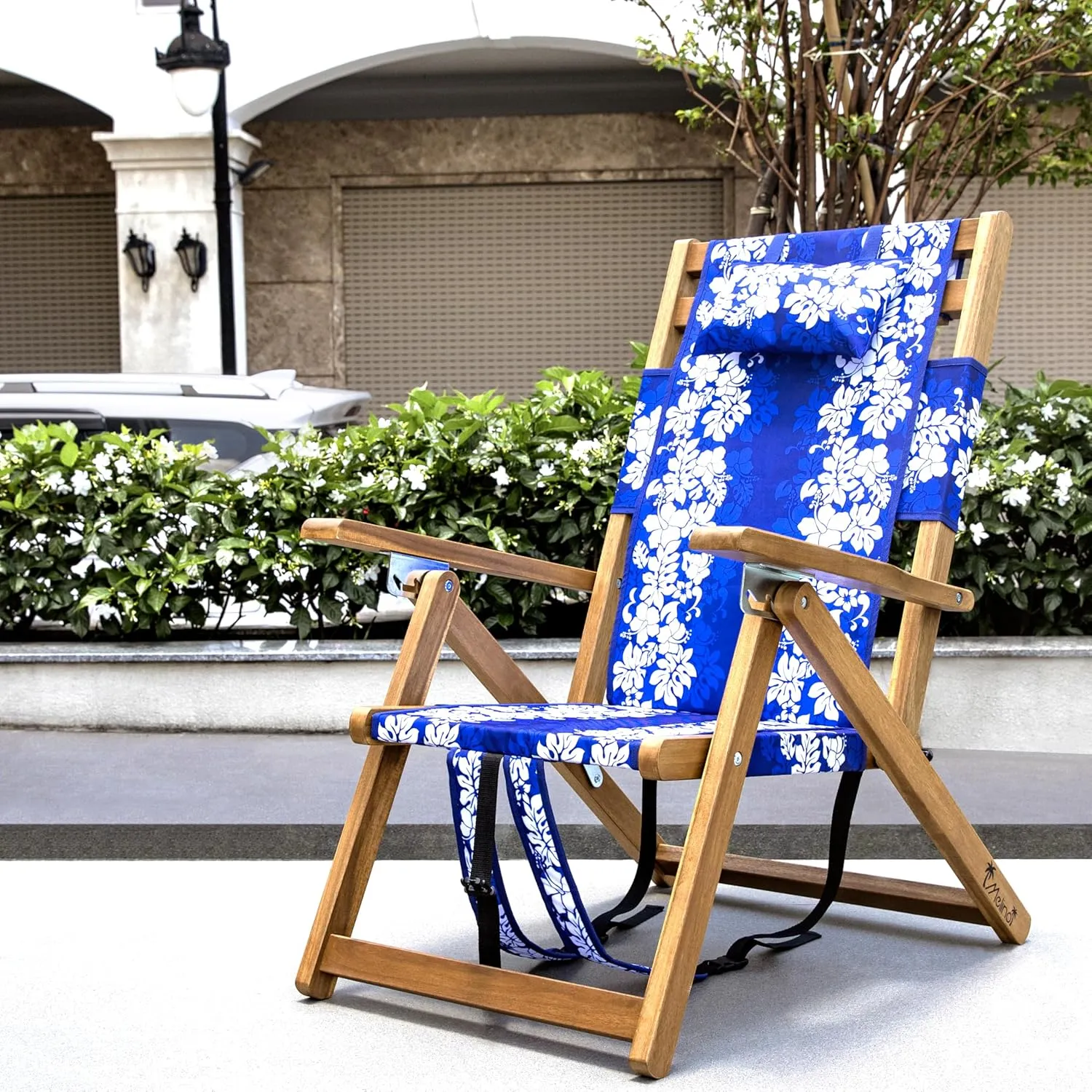 Melino Wooden Folding Outdoor Chair – 3-Position Reclining Beach Sling w/ Pillow, Zipper Pouch, Carry Strap – Acacia Wood Frame for Patio, Lawn, Garden, Pool 225 lbs Support - Portable Lounge, Floral