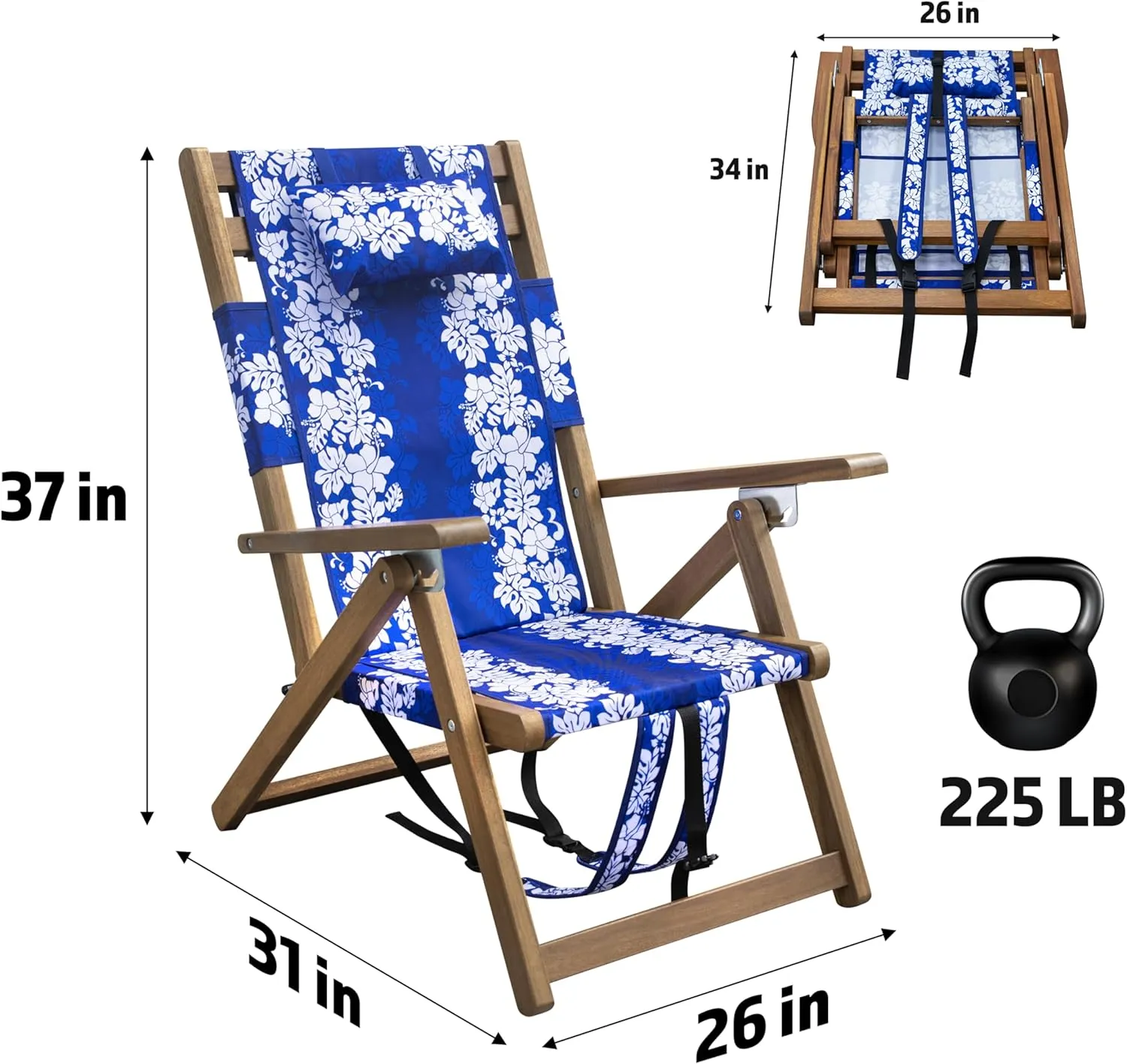 Melino Wooden Folding Outdoor Chair – 3-Position Reclining Beach Sling w/ Pillow, Zipper Pouch, Carry Strap – Acacia Wood Frame for Patio, Lawn, Garden, Pool 225 lbs Support - Portable Lounge, Floral