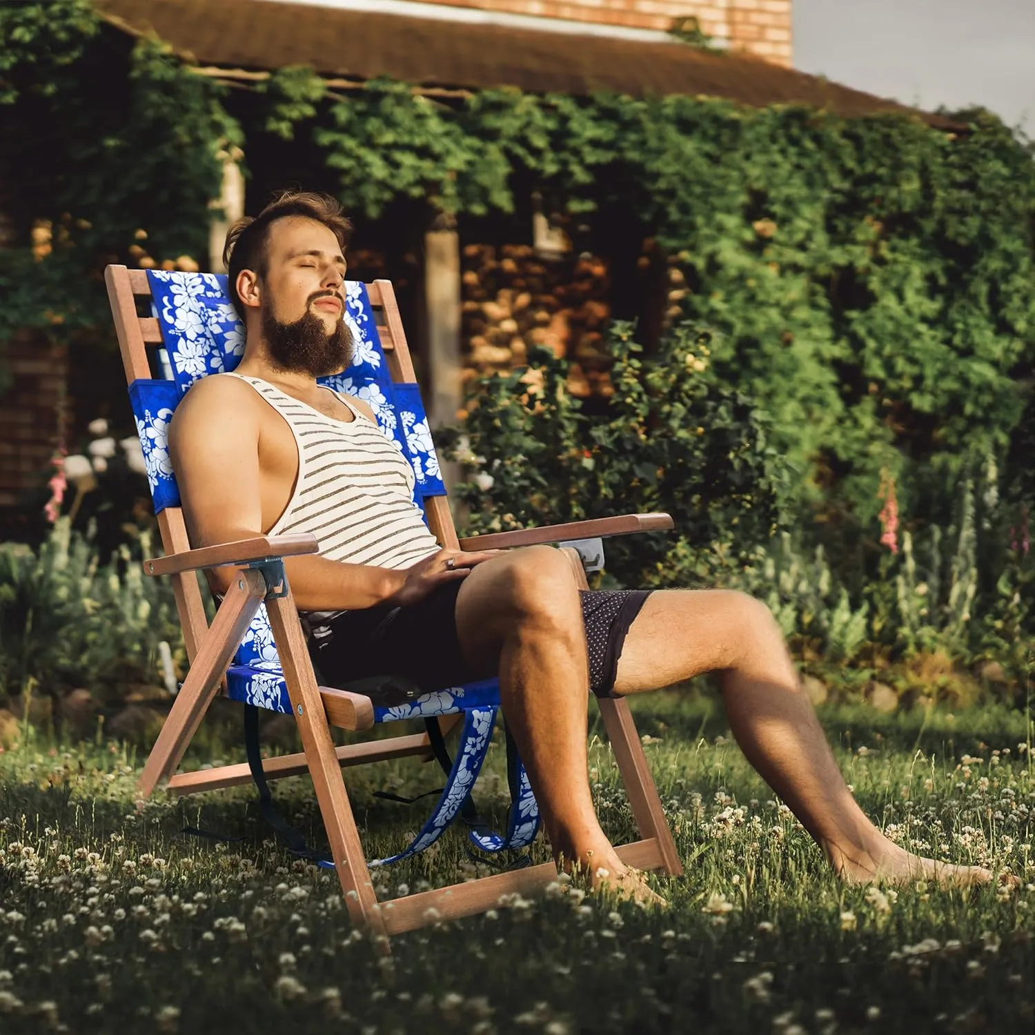 Melino Wooden Folding Outdoor Chair – 3-Position Reclining Beach Sling w/ Pillow, Zipper Pouch, Carry Strap – Acacia Wood Frame for Patio, Lawn, Garden, Pool 225 lbs Support - Portable Lounge, Floral