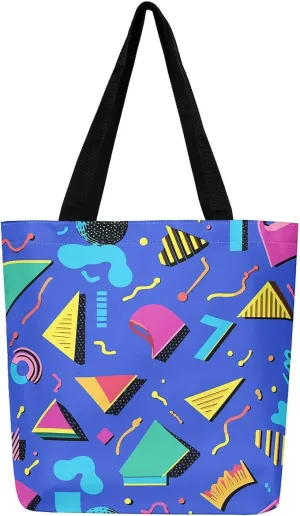 Memphis Canvas Tote Bag for Women,Colorful Pop Art Eighties Hop Funky Beach Bag,Geometry Triangle Shoulder Bag