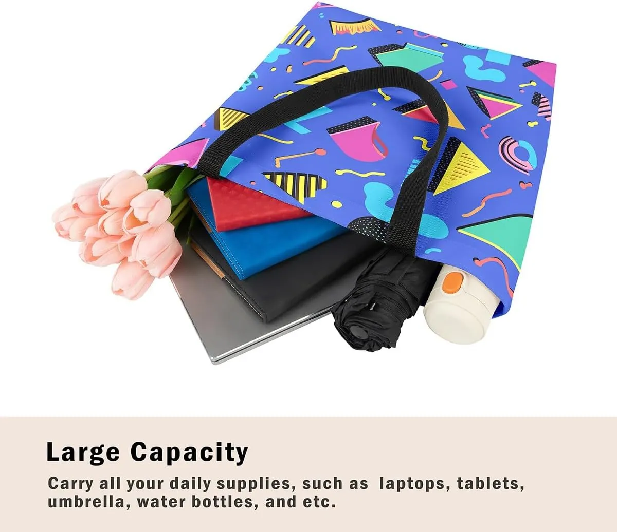Memphis Canvas Tote Bag for Women,Colorful Pop Art Eighties Hop Funky Beach Bag,Geometry Triangle Shoulder Bag