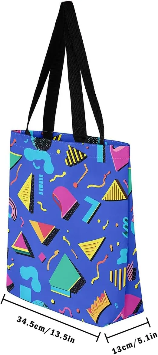 Memphis Canvas Tote Bag for Women,Colorful Pop Art Eighties Hop Funky Beach Bag,Geometry Triangle Shoulder Bag