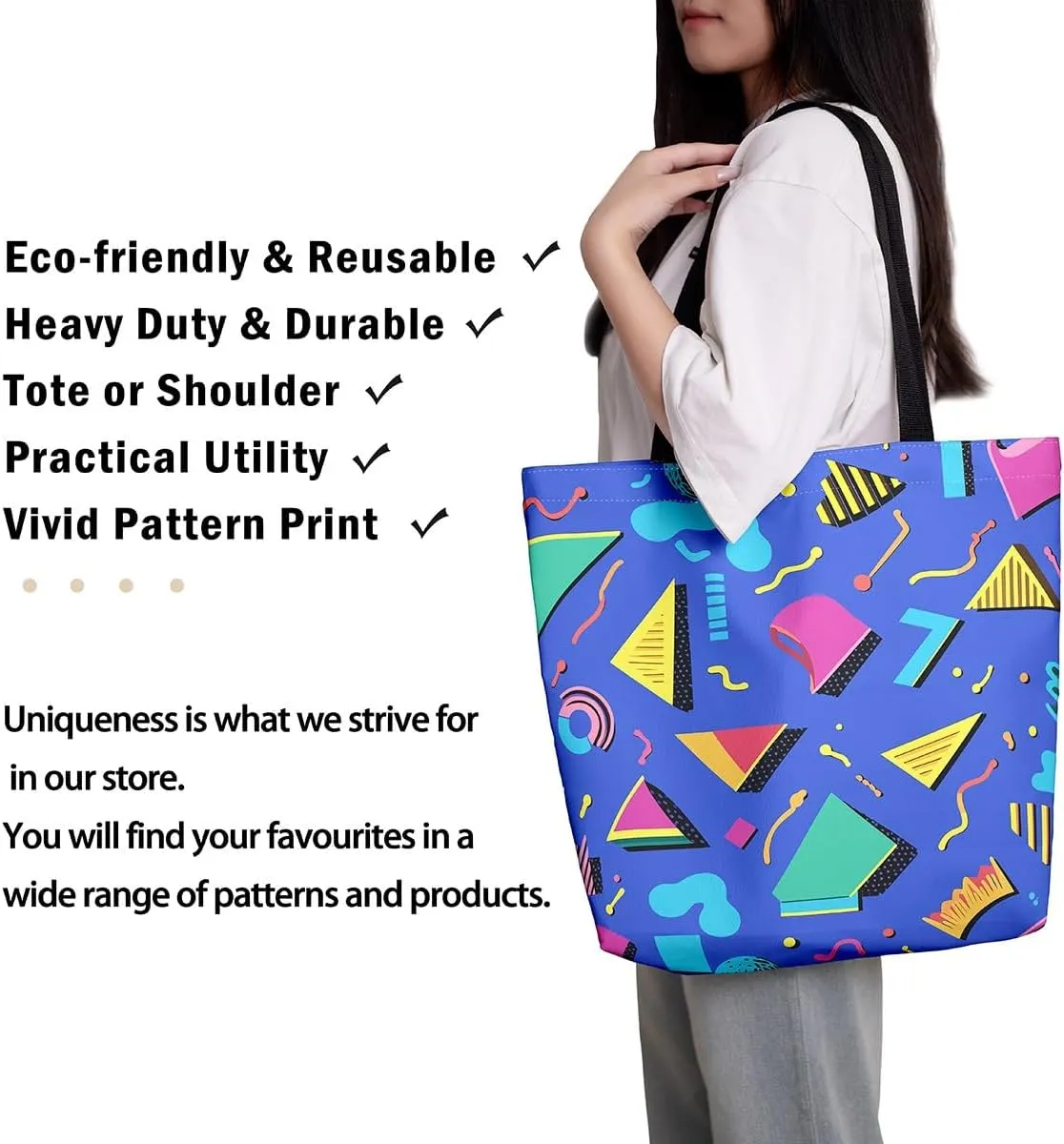 Memphis Canvas Tote Bag for Women,Colorful Pop Art Eighties Hop Funky Beach Bag,Geometry Triangle Shoulder Bag