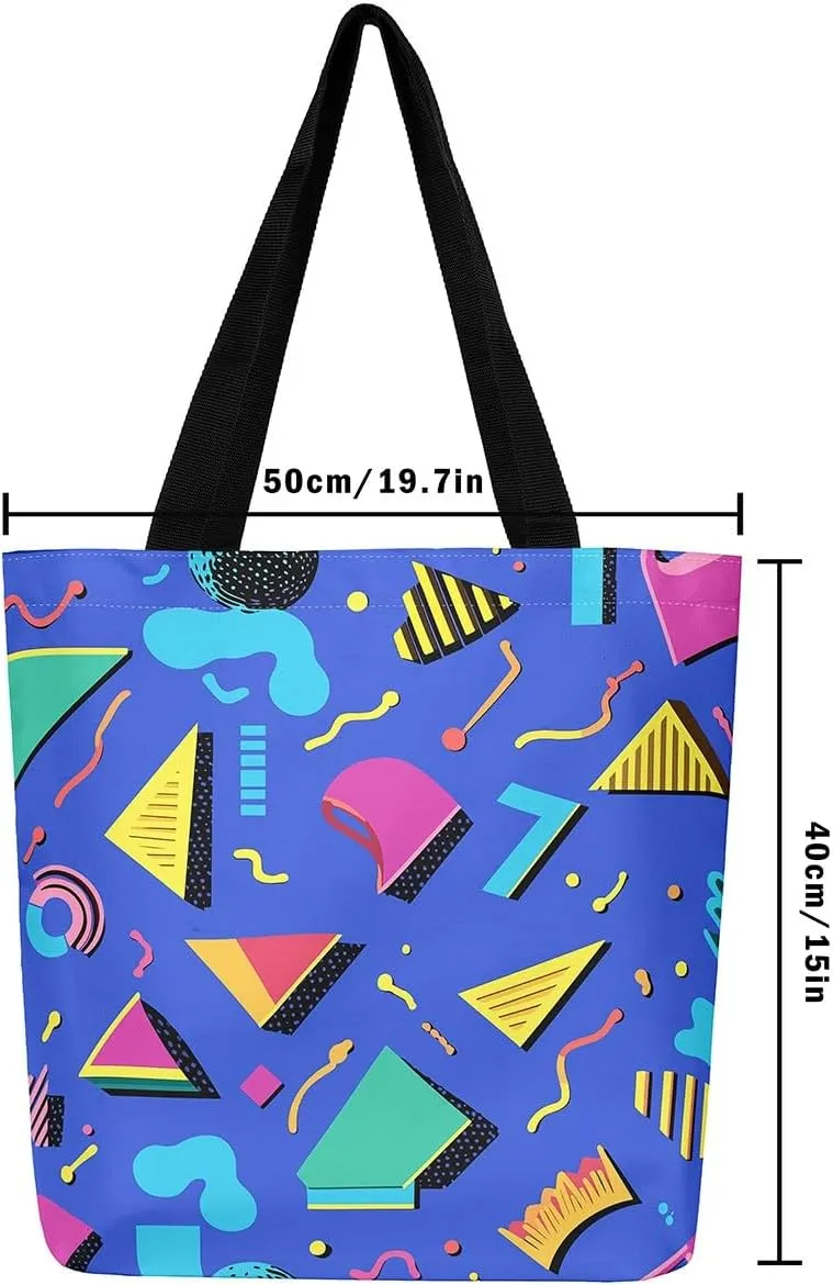 Memphis Canvas Tote Bag for Women,Colorful Pop Art Eighties Hop Funky Beach Bag,Geometry Triangle Shoulder Bag