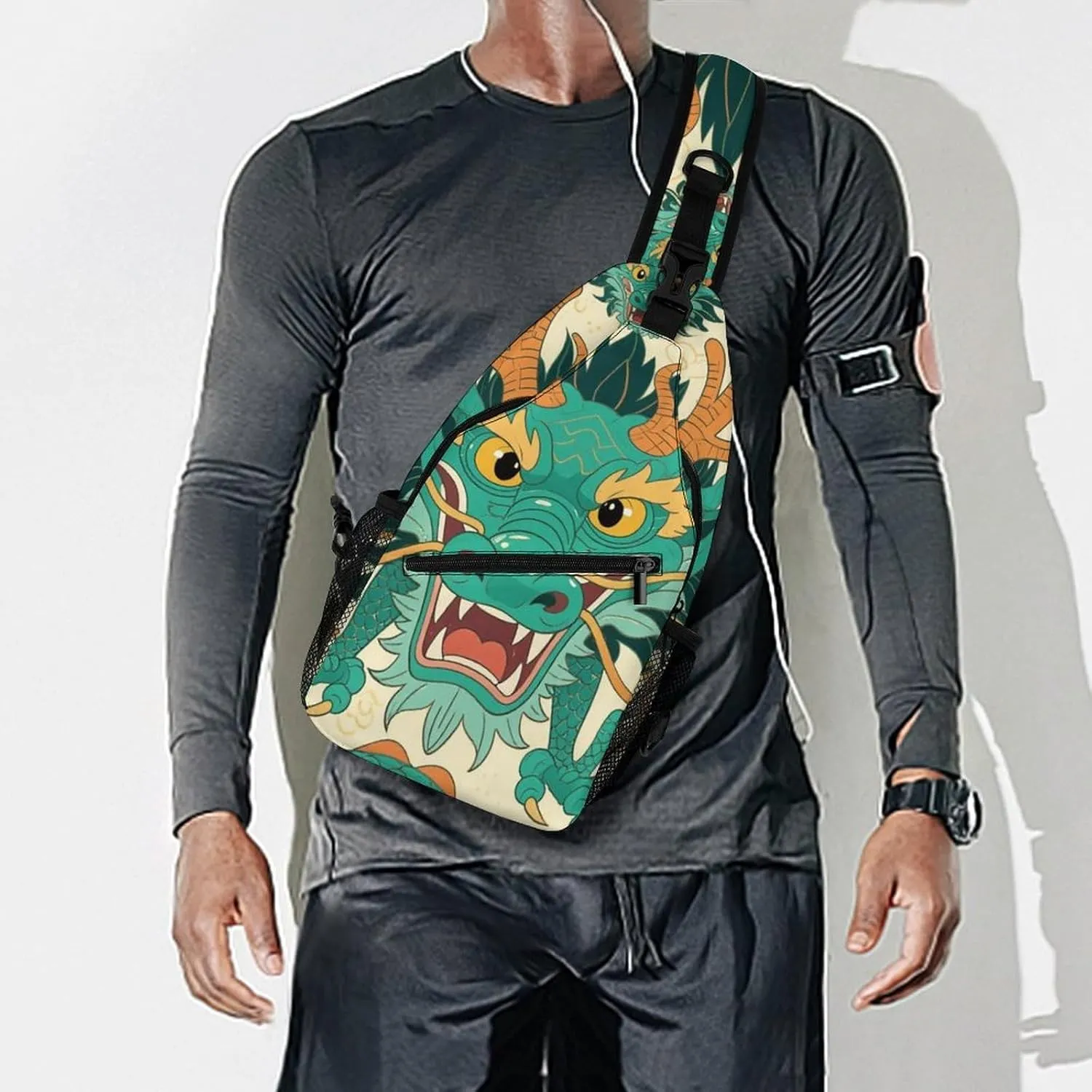 Men Women Sling Shoulder Backpack Packable Handy Chest Day Bag - Chinese Dragons Art Multipurpose Anti-Theft Daypack Tactical Satchel With Adjustable Shoulder Strap
