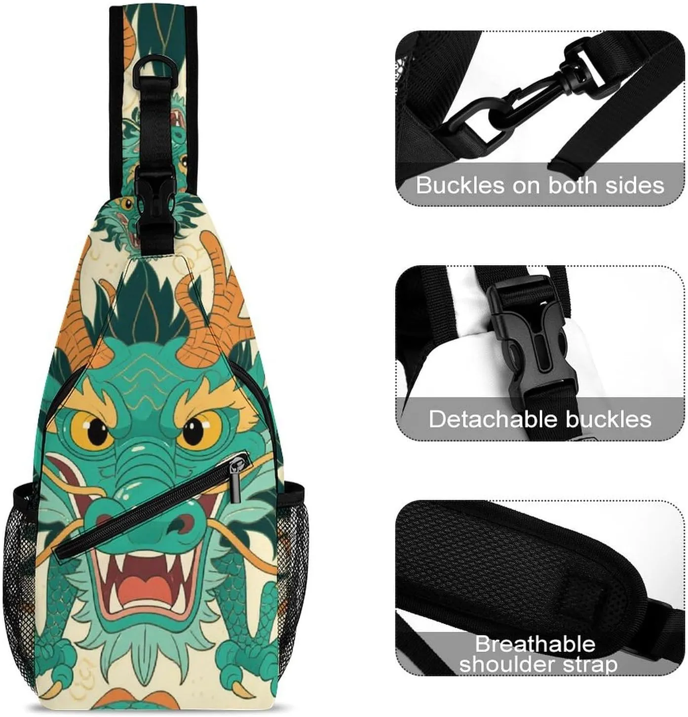 Men Women Sling Shoulder Backpack Packable Handy Chest Day Bag - Chinese Dragons Art Multipurpose Anti-Theft Daypack Tactical Satchel With Adjustable Shoulder Strap