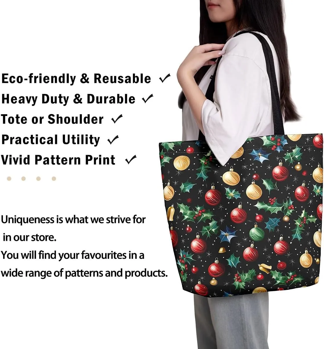 Merry Christmas Canvas Tote Bag for Women,Elk Deer Hunting Lemon Fruit Duffle Bag,Cute Xmas Snowflake Handbag