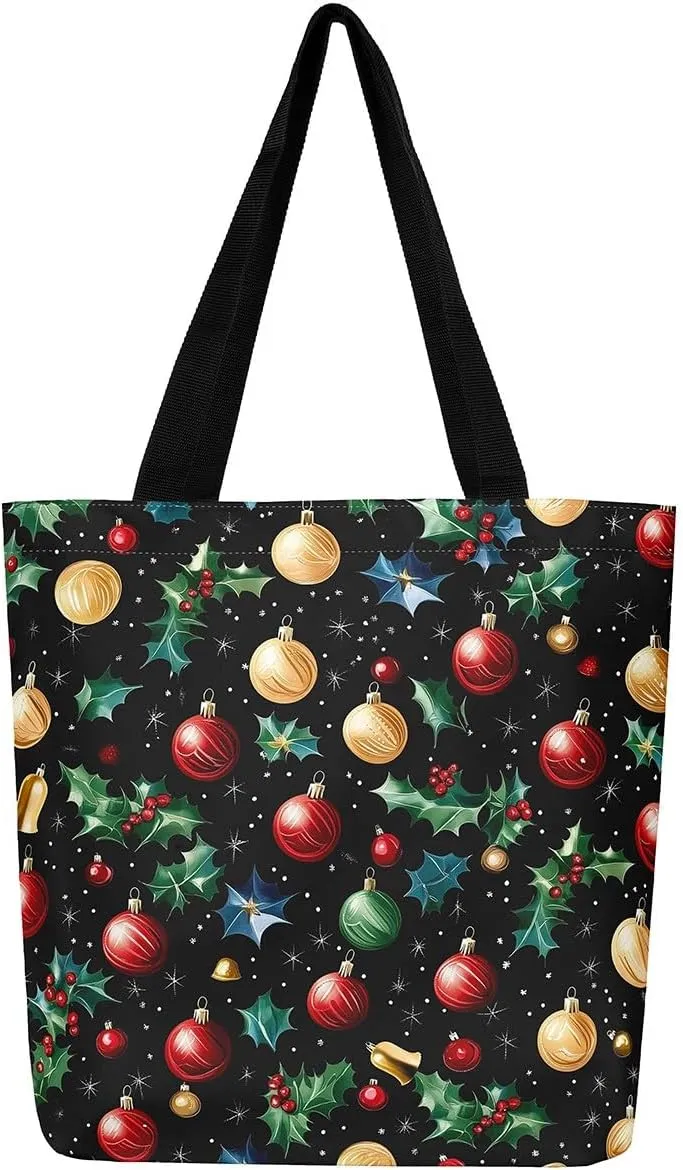 Merry Christmas Canvas Tote Bag for Women,Elk Deer Hunting Lemon Fruit Duffle Bag,Cute Xmas Snowflake Handbag