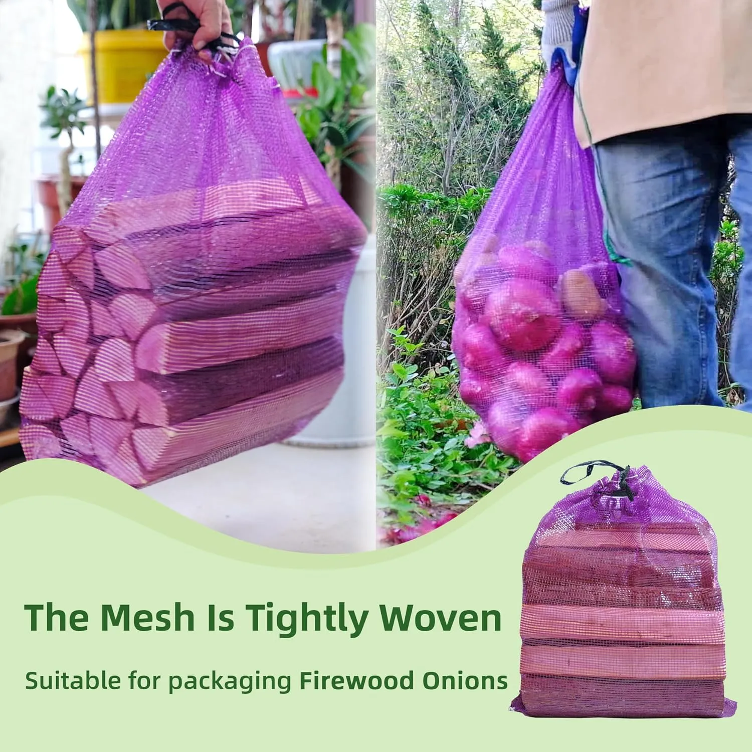 Mesh Firewood Bags 22"×24" 150 Per Pack Crawfish Sacks, Firewood Bags for Selling, Onion Bag Storage Potato Sacks Mesh Wood Bag Bulk (Pack of 150)
