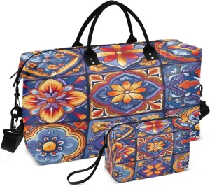 Mexican Ceramic Tile Travel Duffel Bag, Shoulder Weekender Overnight Bags - Large Gym Bag with Wet Pocket