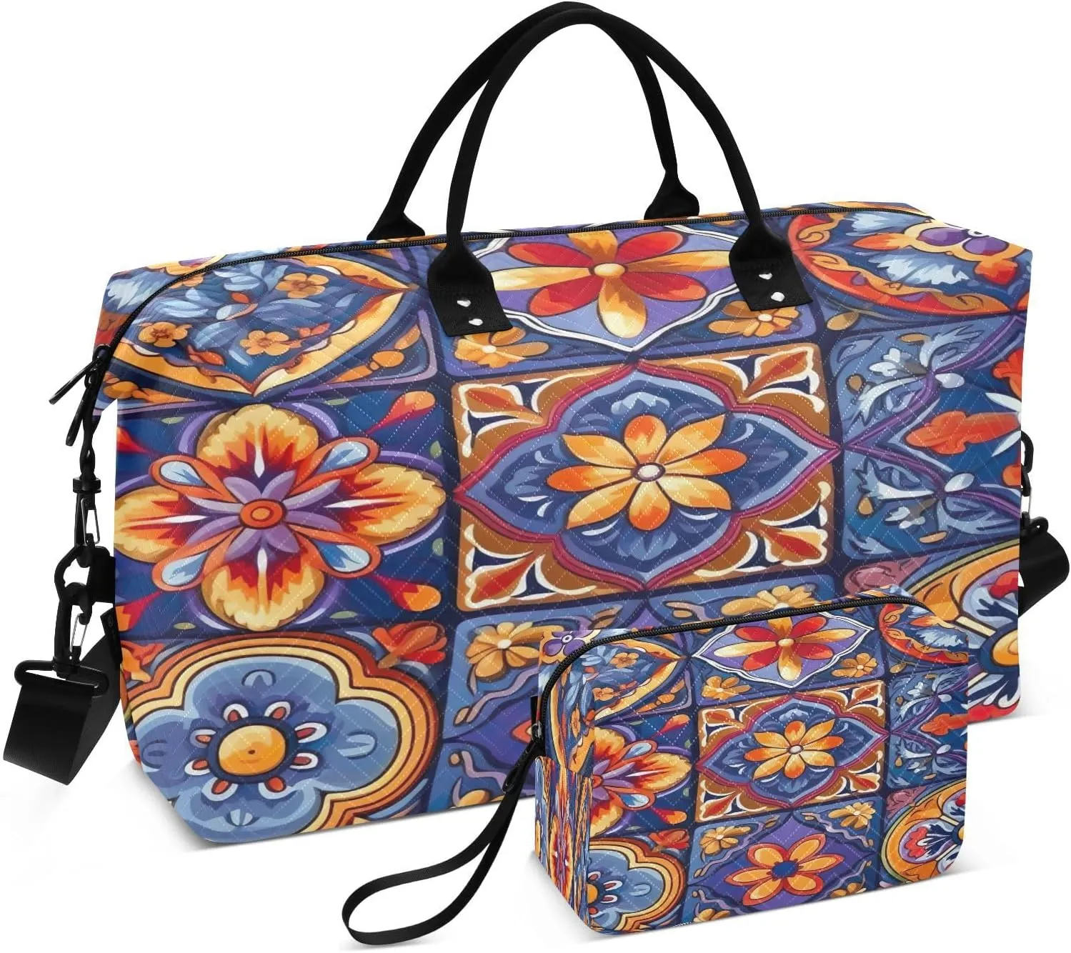 Mexican Ceramic Tile Travel Duffel Bag, Shoulder Weekender Overnight Bags - Large Gym Bag with Wet Pocket