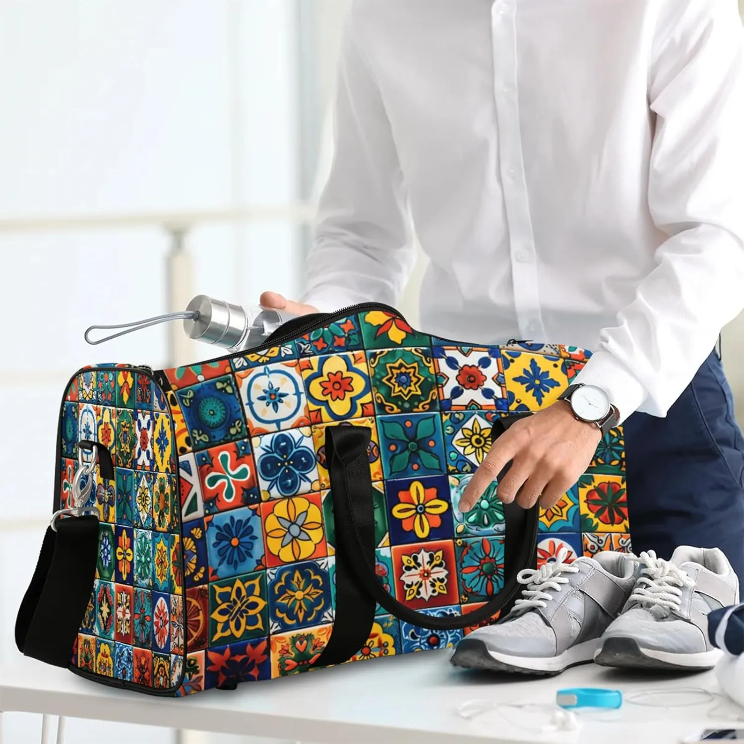 Mexican Talavera Ceramic Tile Travel Bag for Men Women, Gym Duffle Bags for Travel, Carry On Luggage Bag, Weekender Overnight Workout Bags