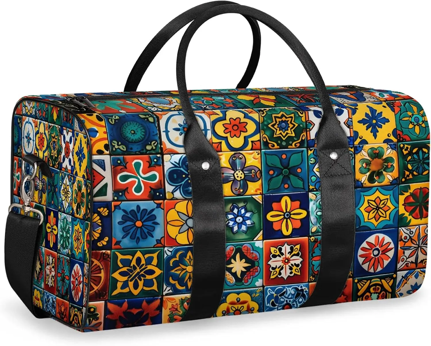 Mexican Talavera Ceramic Tile Travel Bag for Men Women, Gym Duffle Bags for Travel, Carry On Luggage Bag, Weekender Overnight Workout Bags