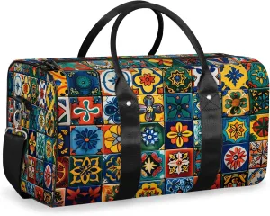 Mexican Talavera Ceramic Tile Travel Bag for Men Women, Gym Duffle Bags for Travel, Carry On Luggage Bag, Weekender Overnight Workout Bags