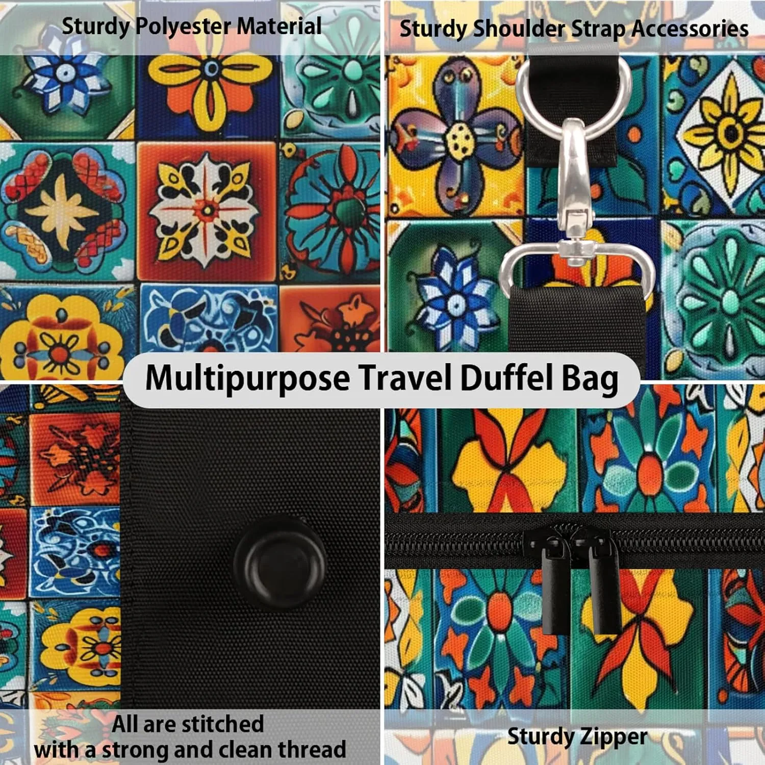 Mexican Talavera Ceramic Tile Travel Bag for Men Women, Gym Duffle Bags for Travel, Carry On Luggage Bag, Weekender Overnight Workout Bags