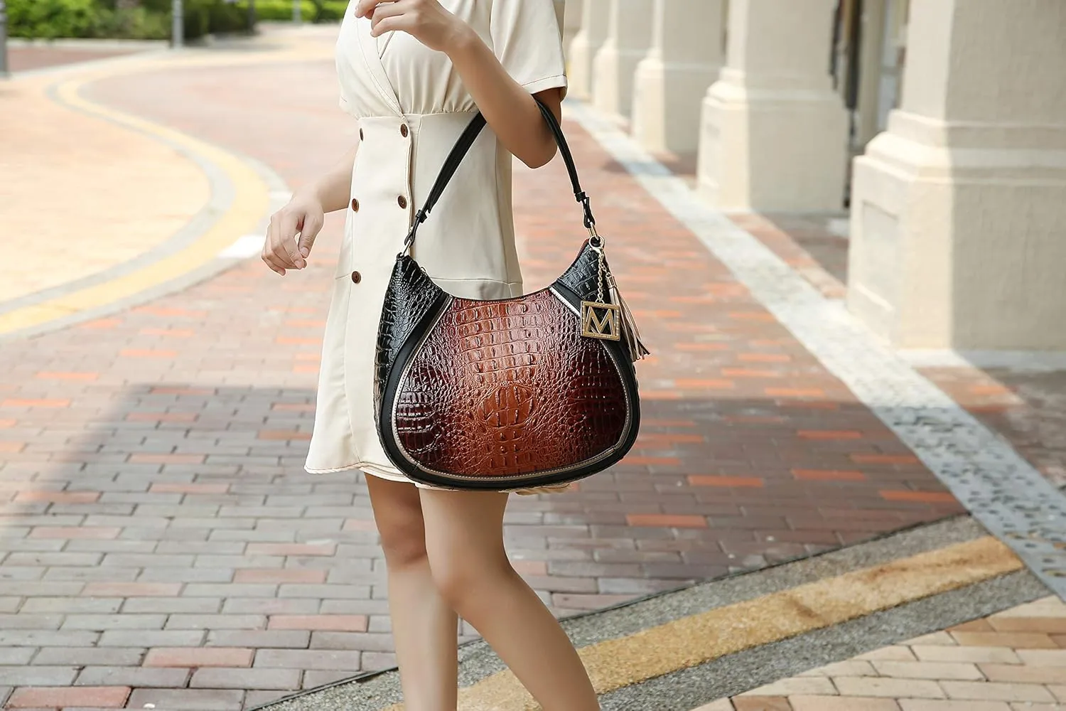 MKF Hobo Bag for Womens Fashion – PU Leather Shoulder Purse Tassel, M Charm – Top Handle Multi-pocket Handbag