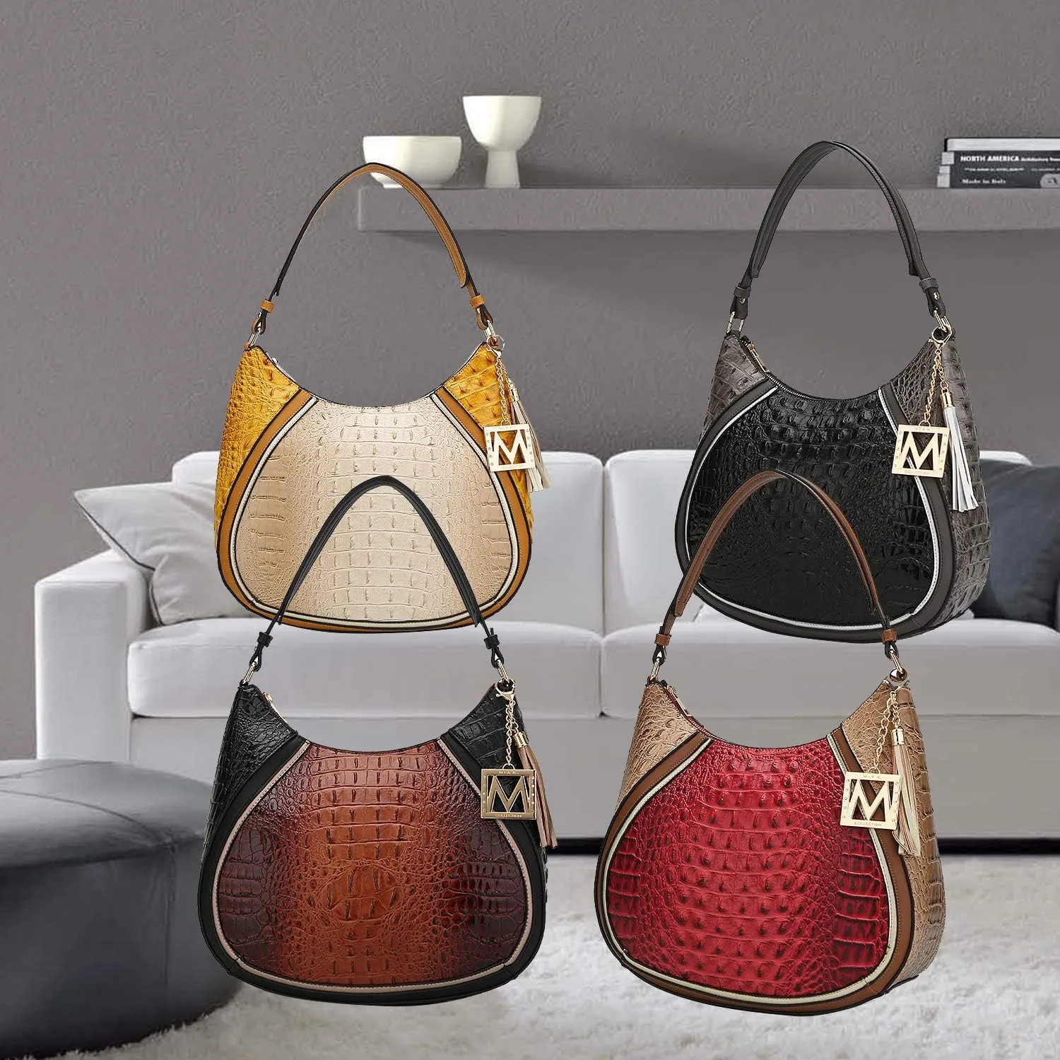MKF Hobo Bag for Womens Fashion – PU Leather Shoulder Purse Tassel, M Charm – Top Handle Multi-pocket Handbag