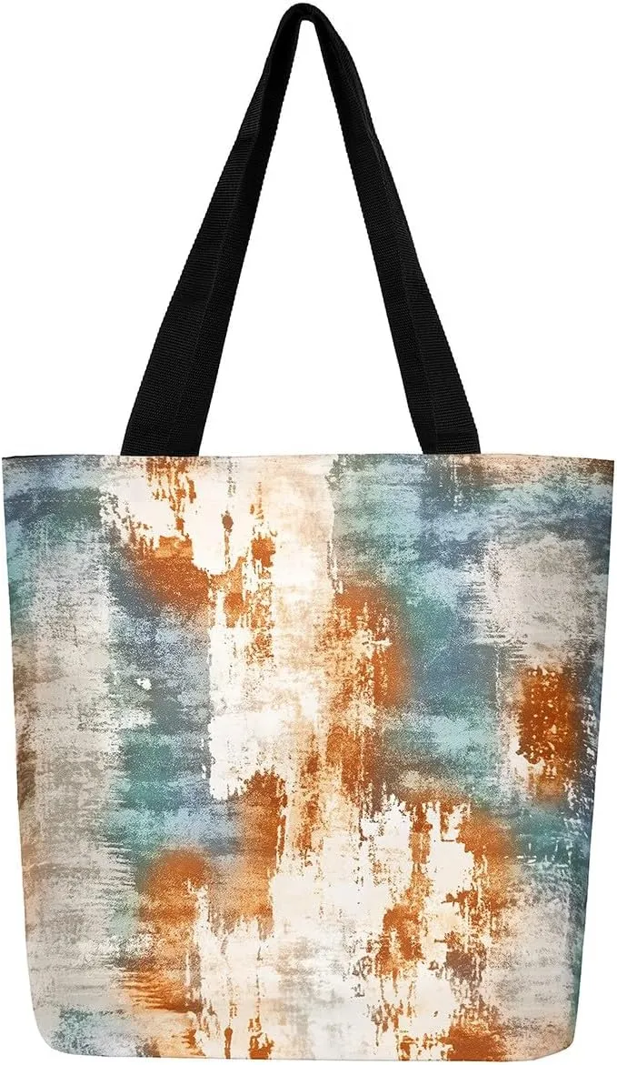 Modern Abstract Canvas Tote Bag Vintage Ombre Art Sandproof Beach Bag,Minimalism Red Orange Blue