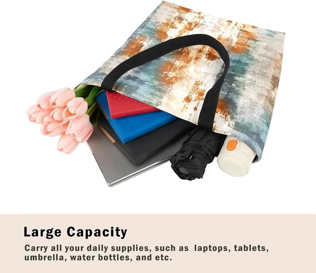 Modern Abstract Canvas Tote Bag Vintage Ombre Art Sandproof Beach Bag,Minimalism Red Orange Blue