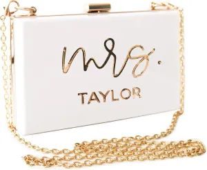 ModParty Mrs Personalized Clutch Purse | White & Gold Acrylic Bride Purse | Engagement, Bridal Shower Gift for Bride| Honeymoon Accessory | Crossbody with Removable Chain