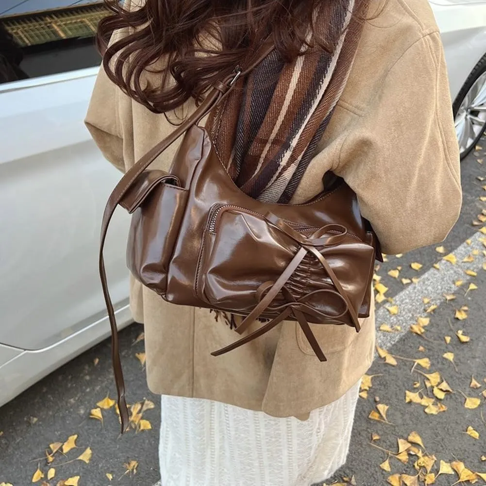Molodo Crossbody Bags for Women Bow Bag Purses for Women Trendy Chic Shoulder Bag Burgundy Purse Pleated Handbag Underarm Bag