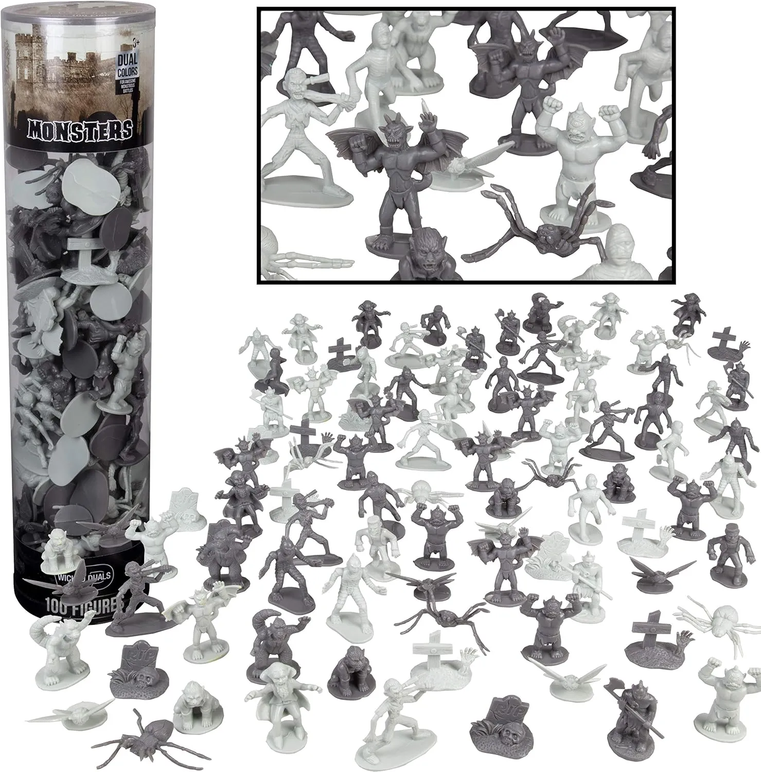 Monster Action Figure Set- 100pc Horror Toy Figure - from Dracula to Frankenstein to Giant Spiders- Perfect for Cake Toppers, Party Favors, Decorations, RPG Role Playing Games - Fully Paintable