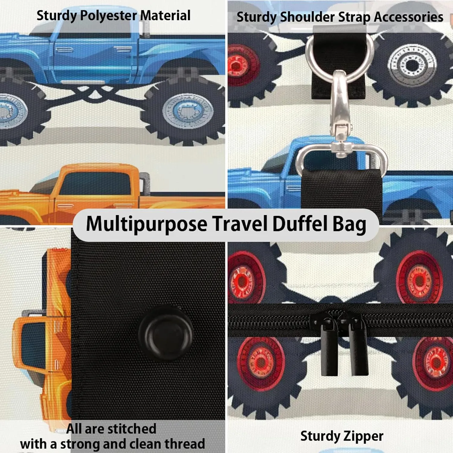 Monster Truck Cars Travel Duffle Bag, Sports Gym Bags for Women Men, Carry On Weekender Overnight Workout Airplane Trips Bag