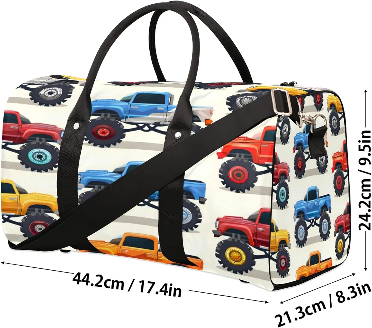 Monster Truck Cars Travel Duffle Bag, Sports Gym Bags for Women Men, Carry On Weekender Overnight Workout Airplane Trips Bag