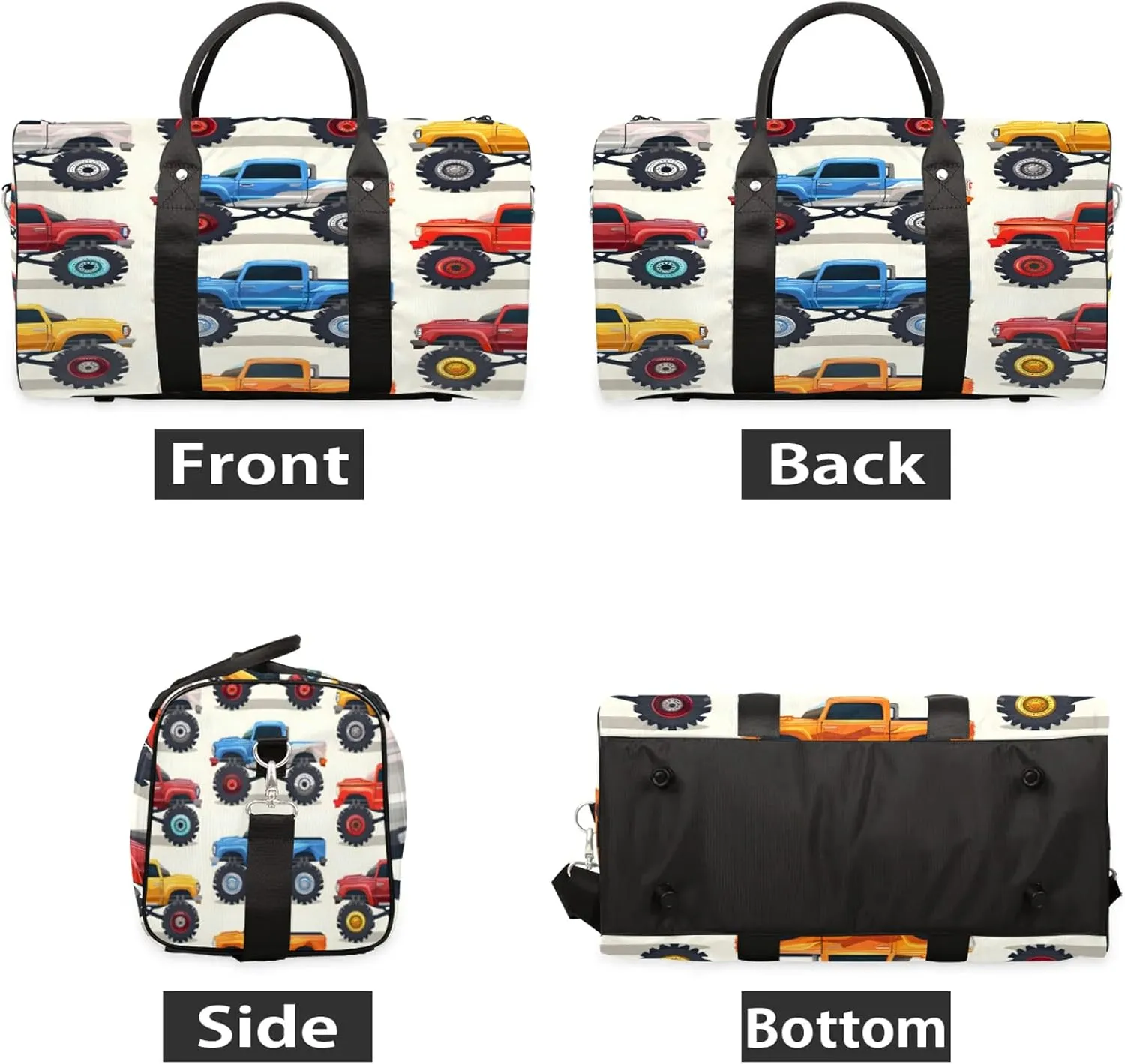 Monster Truck Cars Travel Duffle Bag, Sports Gym Bags for Women Men, Carry On Weekender Overnight Workout Airplane Trips Bag