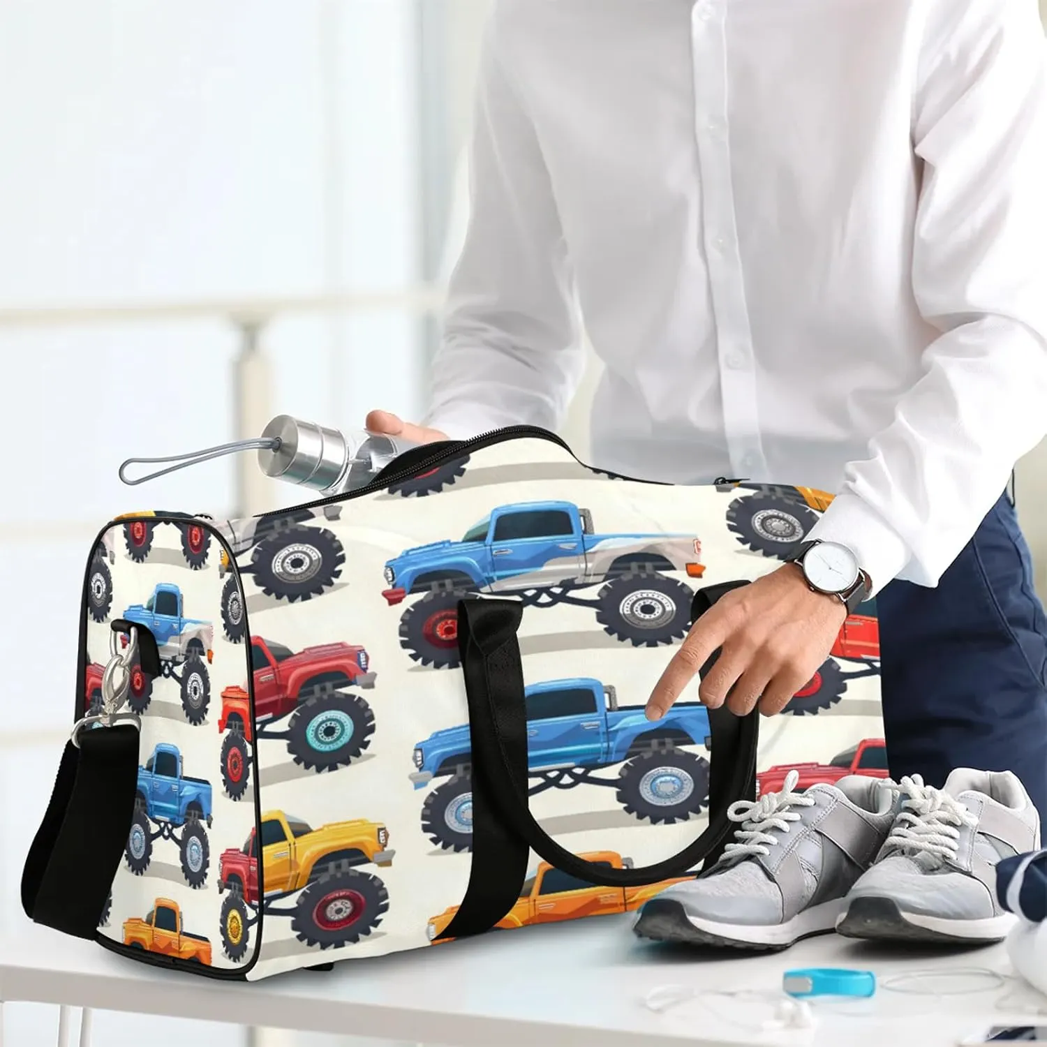 Monster Truck Cars Travel Duffle Bag, Sports Gym Bags for Women Men, Carry On Weekender Overnight Workout Airplane Trips Bag