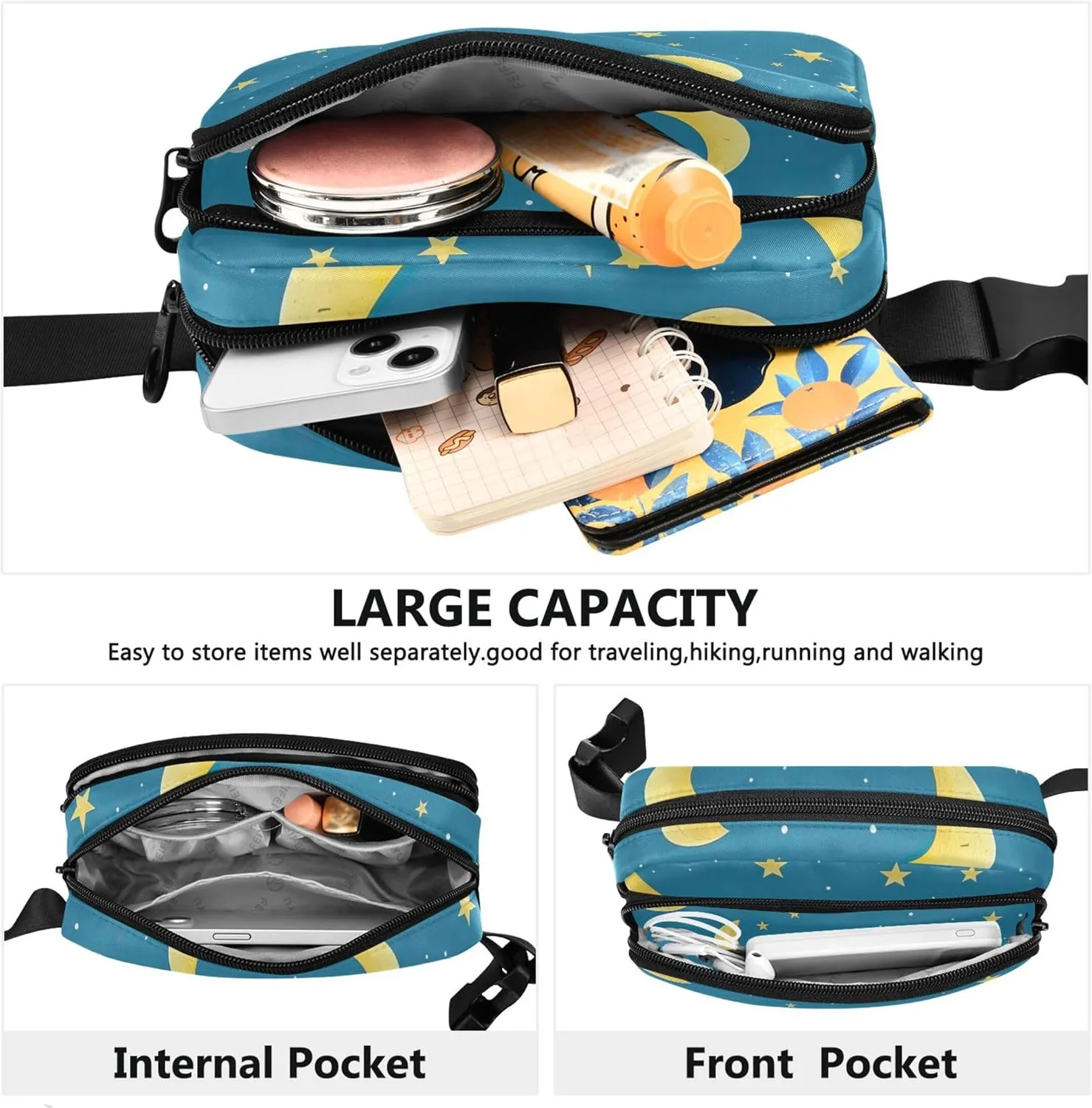 Moon Stars Night Blue Women Fanny Pack Waterproof Anti Theft Belt Bag Cute Cross Body Waist Purse