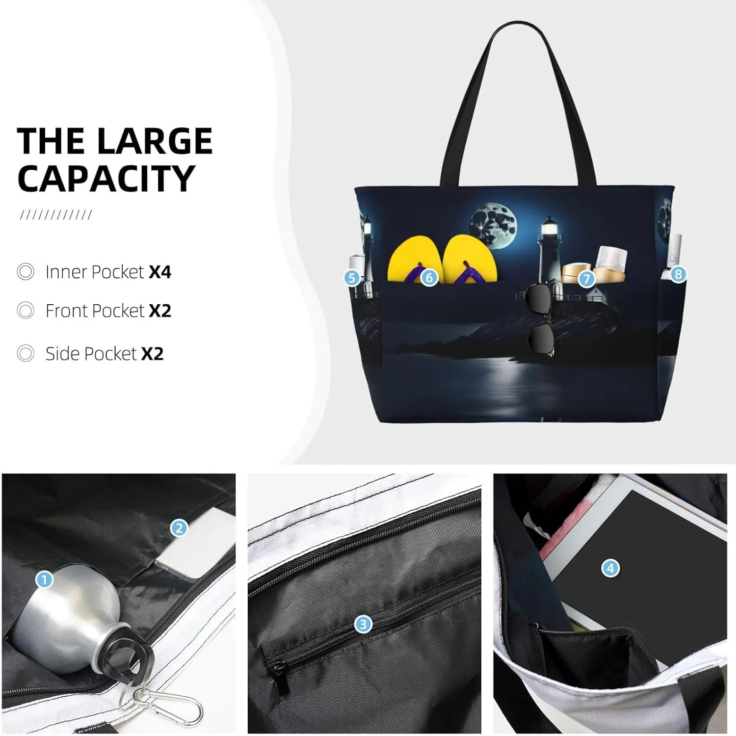 Moonlight Lighthouse Large Capacity Foldable Tote Bag Women Beach Tote Bag Handbag Gym Bag Travel Shopping Bag