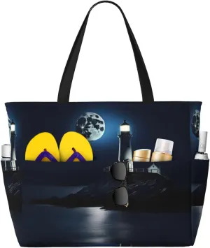Moonlight Lighthouse Large Capacity Foldable Tote Bag Women Beach Tote Bag Handbag Gym Bag Travel Shopping Bag