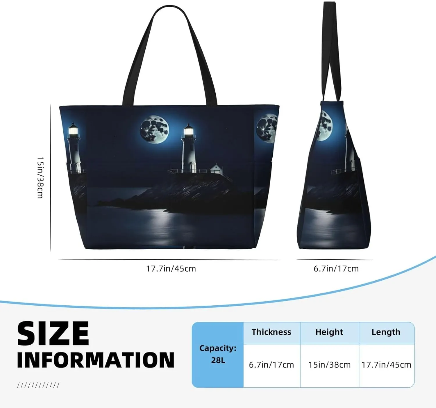 Moonlight Lighthouse Large Capacity Foldable Tote Bag Women Beach Tote Bag Handbag Gym Bag Travel Shopping Bag