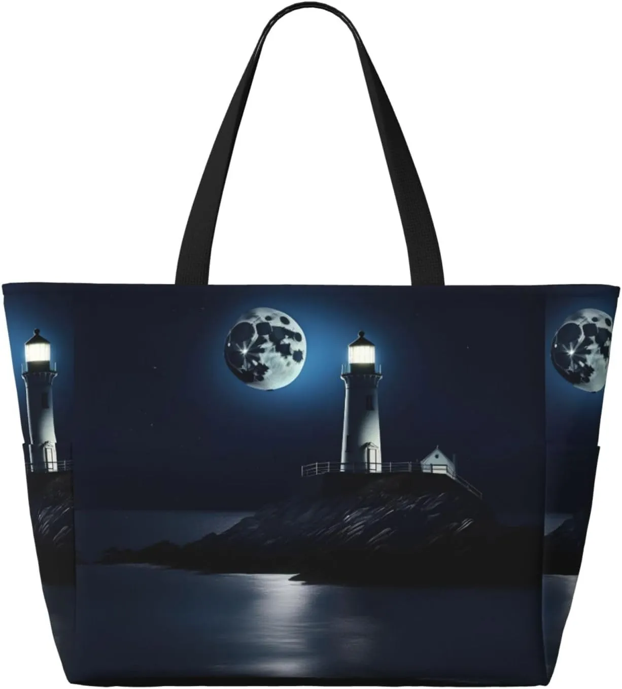 Moonlight Lighthouse Large Capacity Foldable Tote Bag Women Beach Tote Bag Handbag Gym Bag Travel Shopping Bag