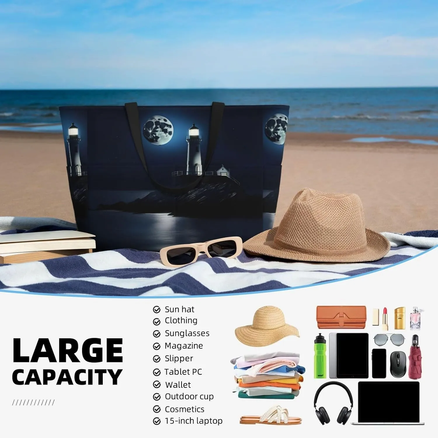 Moonlight Lighthouse Large Capacity Foldable Tote Bag Women Beach Tote Bag Handbag Gym Bag Travel Shopping Bag