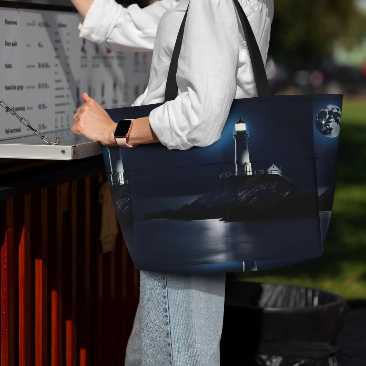 Moonlight Lighthouse Large Capacity Foldable Tote Bag Women Beach Tote Bag Handbag Gym Bag Travel Shopping Bag