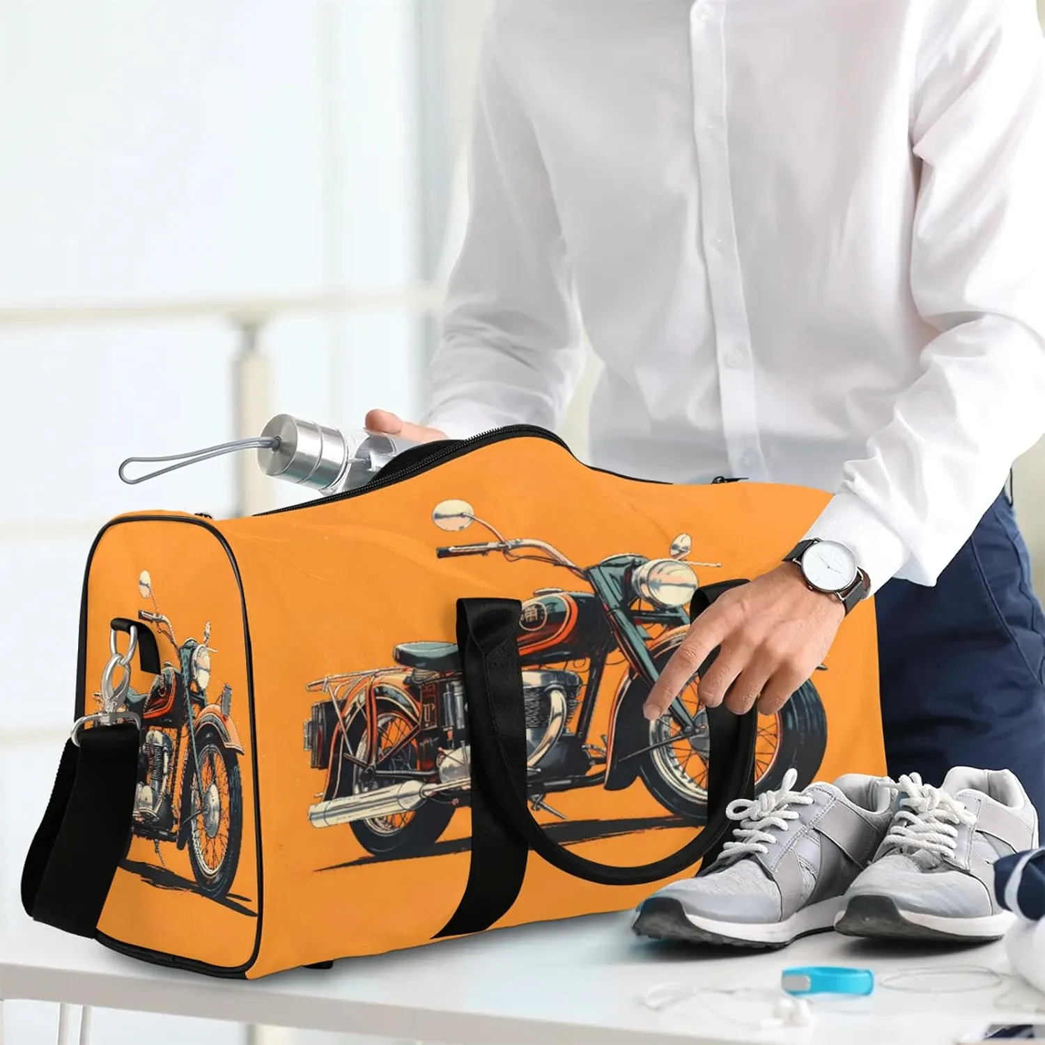 Motorcycle Theme Travel Duffle Bag, Sports Gym Bags for Women Men, Carry On Weekender Overnight Workout Airplane Trips Bag