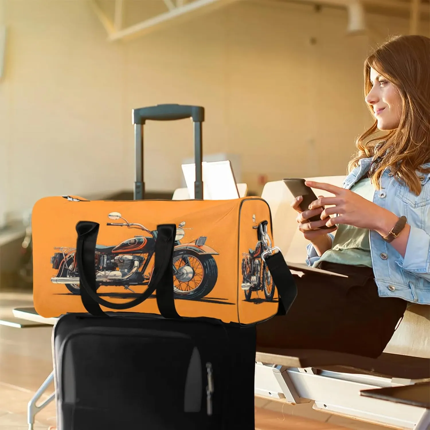Motorcycle Theme Travel Duffle Bag, Sports Gym Bags for Women Men, Carry On Weekender Overnight Workout Airplane Trips Bag
