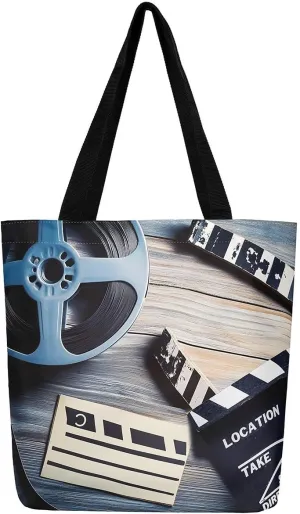 Movie Theater Decor Canvas Tote Bag,Grunge Countdown Screen Vintage Film Clapper Large Capacity Gym Bag